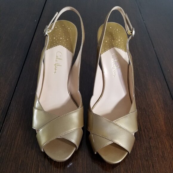 Cole Haan Womens 9B Nike Air Gold Patent Leather Heel Sling Back Open Toe Heels - Picture 1 of 12